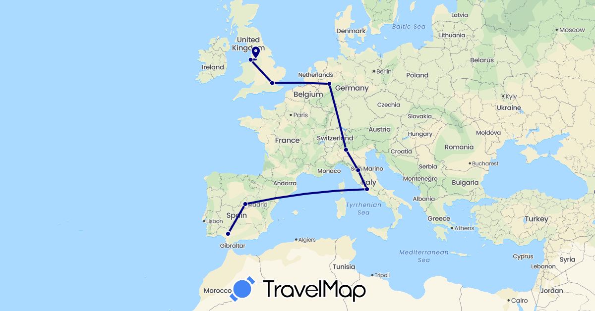 TravelMap itinerary: driving in Germany, Spain, United Kingdom, Italy (Europe)
